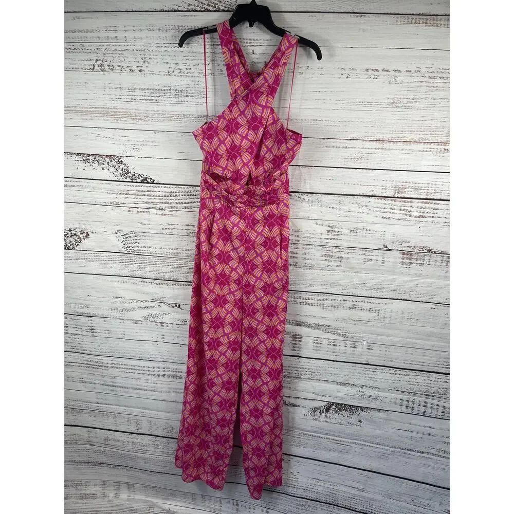 Impressions Jumpsuit Women's Small Pink Geometric Halter Backless Wide Leg - Picture 2 of 12